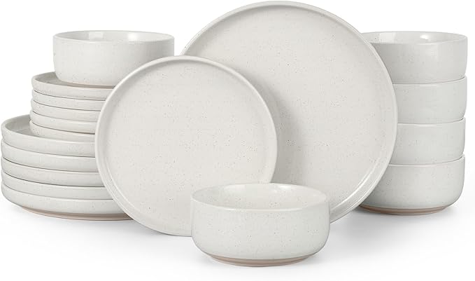 Vesteel 18-Piece Dinnerware set Ceramic Plates and Bowls set for 6 Speckled Stoneware Dishes Set for Family Microwave &amp Dishwasher Safe - Speckled White