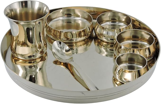 Kansa Thali Set of 7 Pieces Traditional Bronze Dinnerware Set with Plate &amp Bowls Ayurvedic Kansa Utensils for Healthy Eating Indian Dinner Set for Daily Use