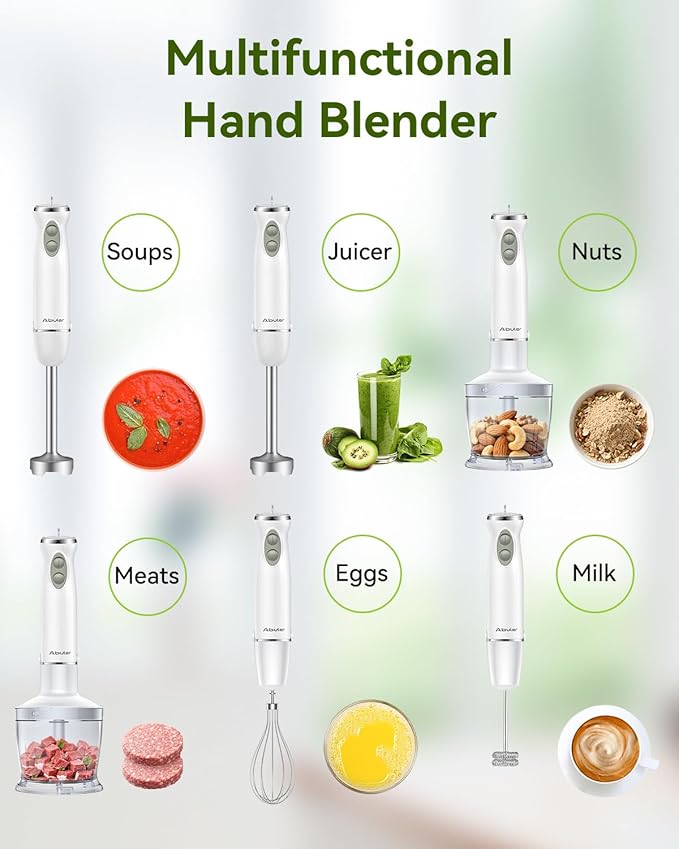 Immersion Blender Handheld 5 in 1 Hand Blender 1000W Hand Mixer Stick BPA-Free 12 Speed Handheld Blender with Mixing Beaker Chopper Whisk and Milk Frother for Soup Sauce Baby Food (White)