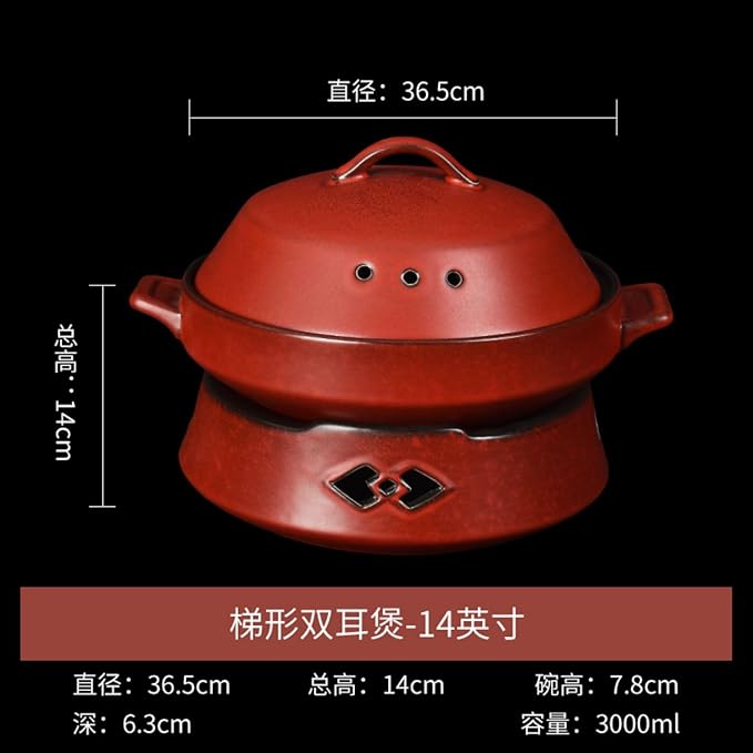 Thcbme 酒店陶瓷保温带双耳明炉碗加深大号 Ceramic Dish Set 加热圆汤锅创意明档碗/Handpainted Plates and Bowls Set Ceramic Dinnerware Sets/14英寸梯形双耳煲（红黑）
