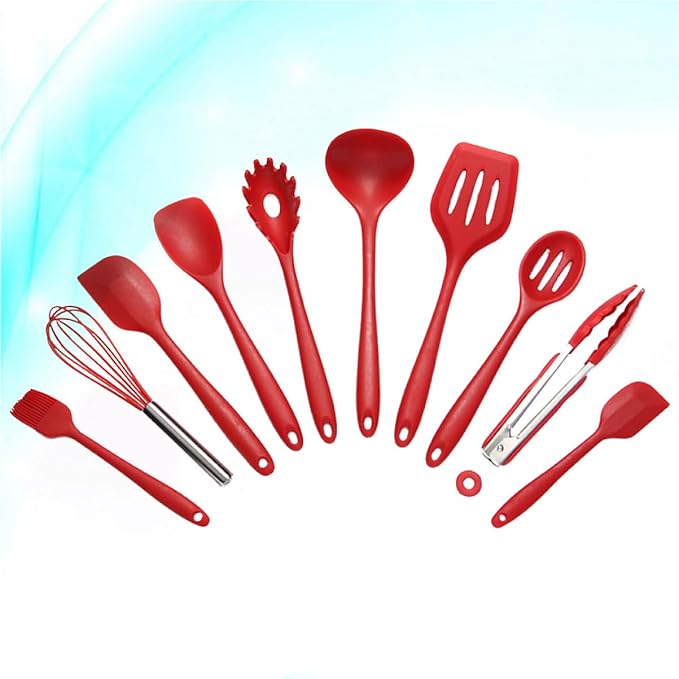 10pcs Non-stick Silicone Cookware Set Kitchenware Suit Egg Scraper Spoon Spatula Brush Red
