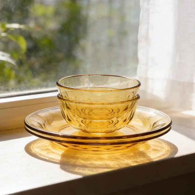 Sunflower Glass Dinnerware Set 2 Diamond Bowls 5.1 x 2.8 and 2 Plates 9 Set of 4 Amber GlassHigh Temperature Resistant Glass Dish Dishwasher Safe