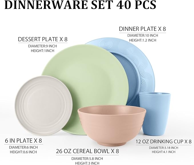 40 PCS Wheat Straw Dinnerware Sets Unbreakable Dishes Set for 8 Plastic Plates and Bowls Sets with Cups Dishwasher &amp Microwave Safe - Colorful