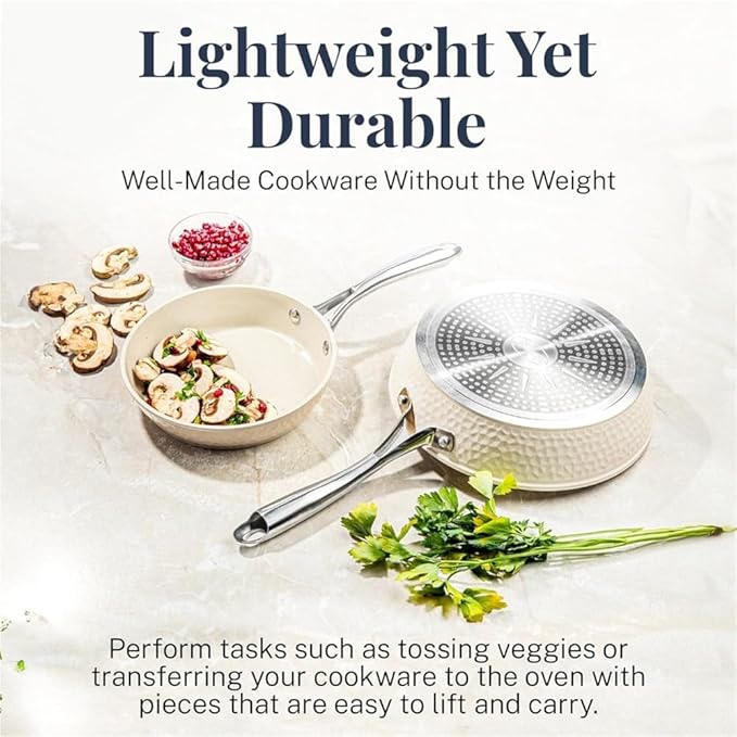 Hammered 15 Pc Ceramic Pots and Pans Set Non Stick Pots and Pan Set Dishwasher Safe Cream White Steel Cookware Sets Kitchen KitA15 Pc Cookware Set