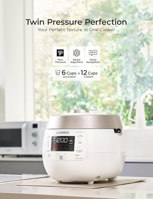 Cuckoo CRP-RT0609FW 6 cup Twin Pressure Plate Rice Cooker &amp Warmer with High Heat GABA Mixed Scorched Turbo Porridge Baby Food Steam (Hi/Non Press.) and more Made in Korea (White)