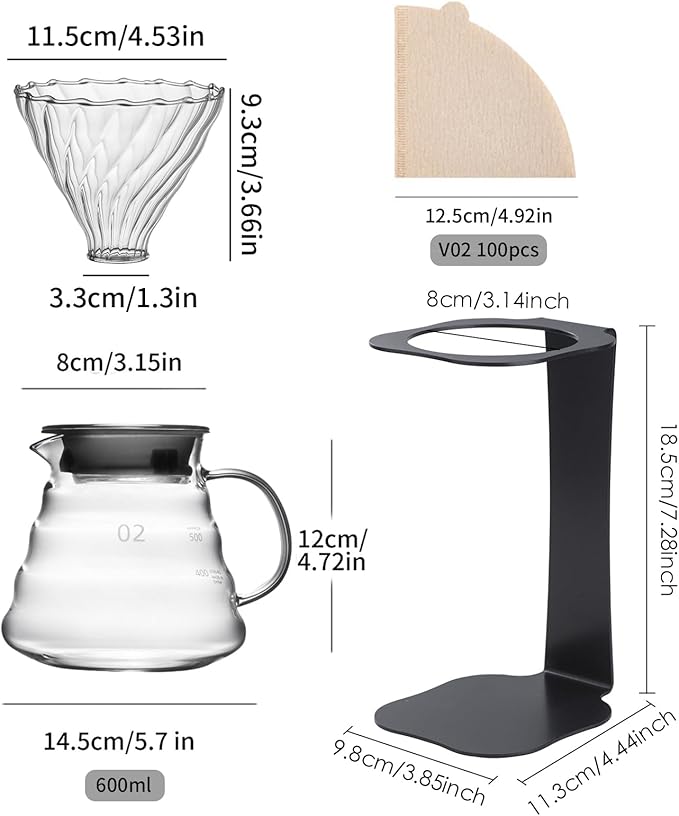Coffee Pour Over Set – Complete Pour Over Coffee Maker with Dripper Pot and 100 Filters | Portable V60 Style Drip Coffee Pour Over