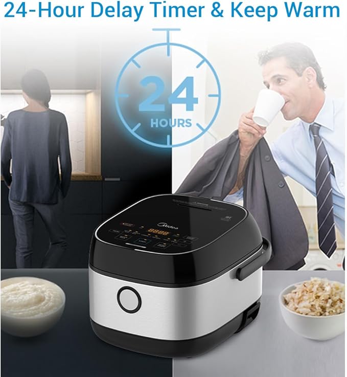 Midea 3L Rice Cooker with Steamer Basket 6-Cup Uncooked Capacity Induction Heating &amp Fuzzy Logic Technology 24h Delay Start &amp Keep Warm Non-Stick Inner Pot