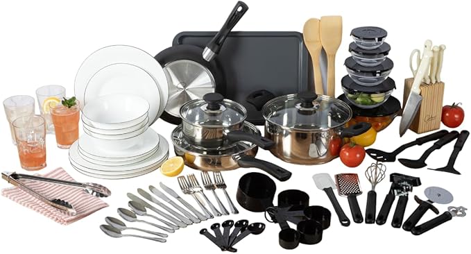 Gibson Home 74 Piece Kitchen in a Box Pots and Pans Cookware Plates and Bowls Dinnerware Cutlery Knife Block Flatware Utensils Tools &amp Gadgets Storage Glasses Set