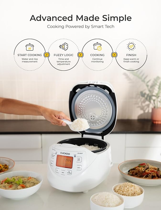 CUCKOO Micom Rice Cooker 6 Cup Uncooked / 12 Cup Cooked Korean Fuzzy Logic Rice Cooker with Delay Timer &amp Keep Warm Setting Versatile Food Steamer with Non-Stick Inner Pot White (CR-0633F)