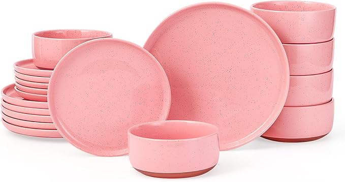 GZG Modern Art Series - 18 Pcs Speckled Stoneware Plates and Bowls Sets Ceramic Dinnerware Set with Rustic Terracotta Underside Microwave and Dishwasher Safe Handcrafted Dishes Set - Blush Pink