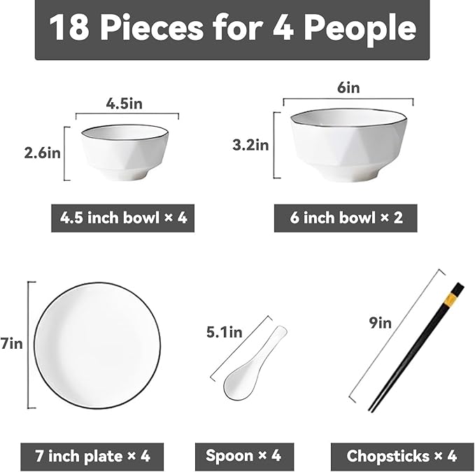 18 Pieces Plates and Bowls Sets Simple Dinnerware Set Scratch Resistant Dishes Sets for 4 Stackable Kitchen Dinner Set High Temperature Firing for Microwave Ovens Ovens Dishwashers(Style 1)