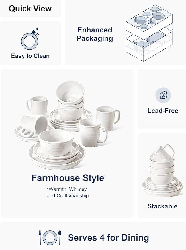 LE TAUCI Dinnerware Sets with Mugs for 4 Stoneware Plates and Bowls Set Stackable Microwave &amp Dishwasher Safe Ceramic Dishes 16-Piece White (10 Dinner &amp 8 Salad Plates 6 Bowls 18 oz