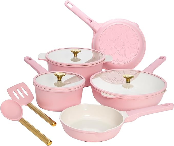 Paris Hilton Ceramic Nonstick Cookware Set Cast Aluminum with Dual Layer Nonstick Coating Gold Heart Knobs Stay-Cool Handles Made without PFAS PFOA PFOS &amp PTFE Dishwasher Safe 10-Piece Pi