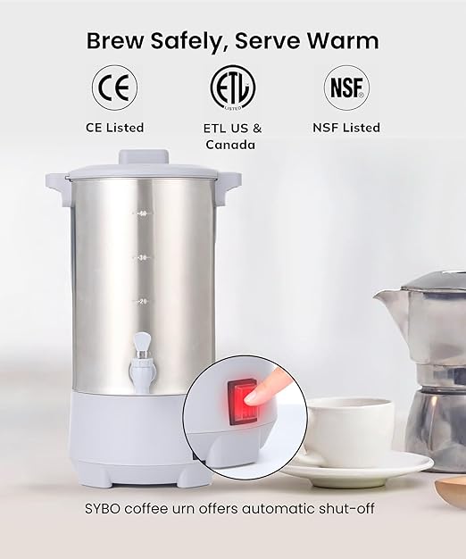 SYBO 40 Cup Coffee Urn Commercial Grade Stainless Steel Percolate Coffee Maker Removable Filter Easy to Clean Hot Water Urn for Catering Hot Beverage Dispenser with Cool-Touch Handles 6L Grey