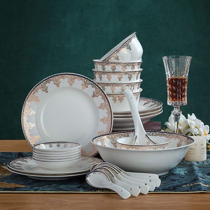 Ceramics Dinnerware Set with 46 PiecesBowl/Dish/Soup Pot/Spoon|Dinner SetsEuropean Gold Pattern Porcelain Combination Set