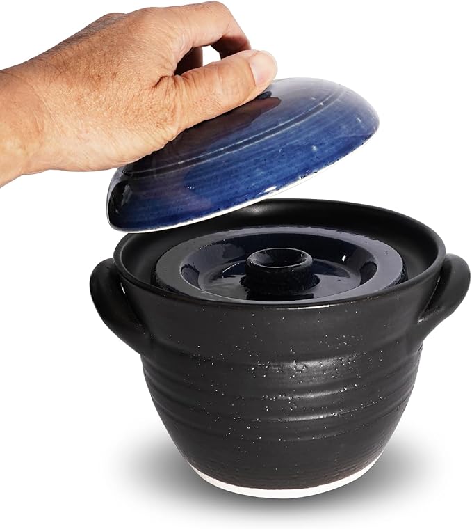 Banko-ware Donabe Japanese Earthenware Rice Pot with Double-Lid Technology – Elegant Jet-Black &amp Blue Design – Ensures Fluffy Rice Every Time – Includes English Manual – Made in Japan (1-2 per)