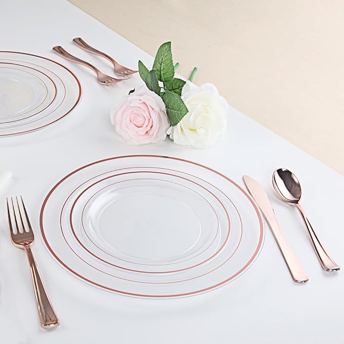 I00000 60 Pcs Rose Gold Plastic Plates Disposable Party Set Include: 60 Clear Plastic Plates with Rose Gold Trim for dinner and dessert Perfect for Holidays Wedding &amp Party Supplies (Pack of 2)