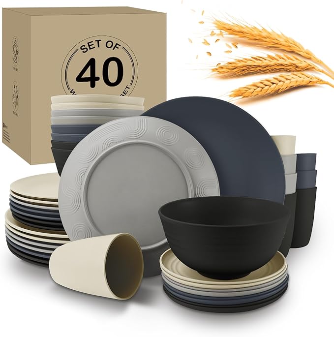 Wrova 40Pack plates and bowls sets for dinner - Unbreakable wheat straw dinnerware sets service for 8 - Alternative plastic 40pcs dish sets for campingpicnic and R.V. - (Black &amp Grey)