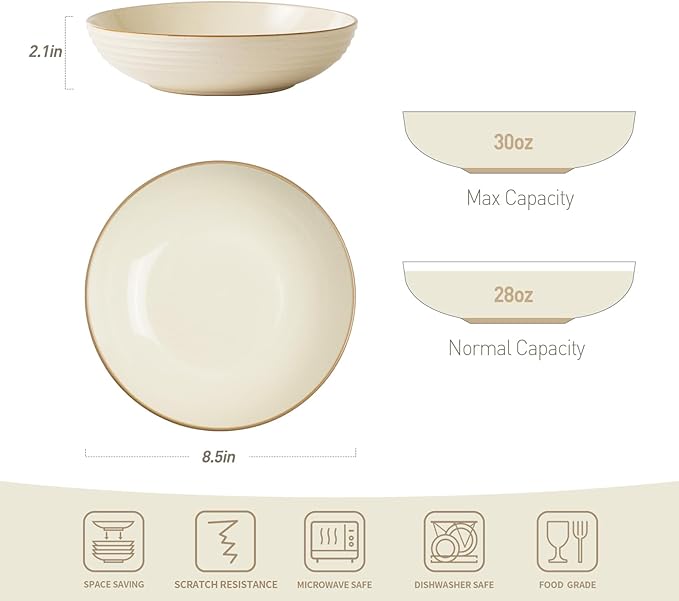 Famiware Jupiter 12-Piece Dinnerware Sets 4-Piece Pasta Bowls 4-Piece 14 oz Mug Set 20-Piece Stoneware Dinnerware Sets Vanilla White