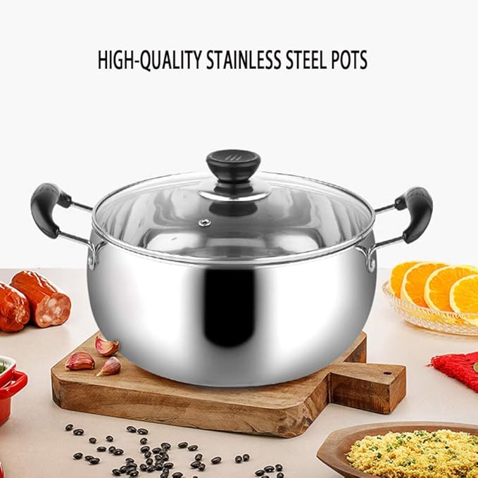 2-Piece Pot SetCookware Setwith Tempered Glass Lid Comfortable Handle Stainless Steel Soup Pot Suitable for Gas Induction Cooker Easy to Clean Deep Pan
