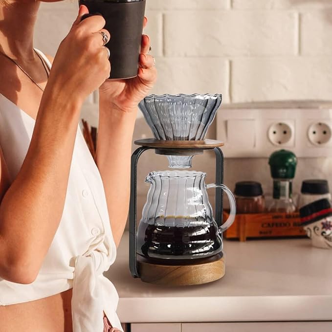 SOTECH Pour Over Coffee Station Dripper Stand Coffee Filter Wooden Filter Holder Glass Server with Paper Coffee Filters Coffee Maker Stand Set for Coffee Tea and Saffron