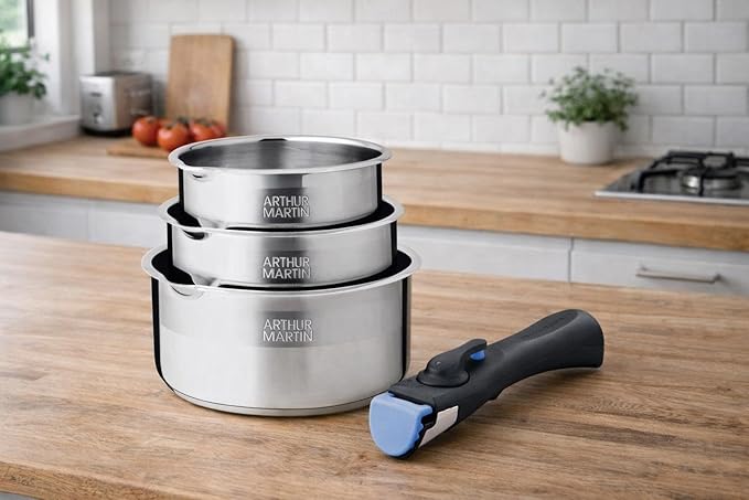 Arthur Martin - AM3456 Set of 3 Stainless Steel Saucepans with Removable Handle