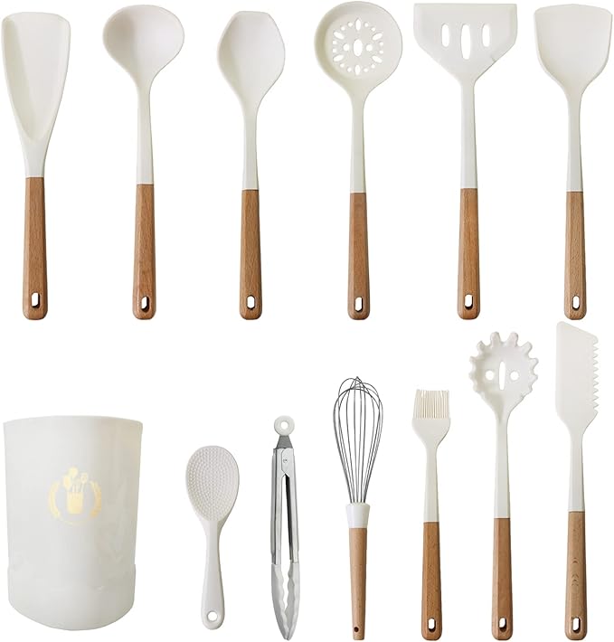 13 Piece White Wooden Handle Utensils Set Silicone Non-Stick Cookware Available Non-Scalding Handle Kitchen Set Home Cooking Baking Complete Set with Storage Bucket