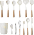 13 Piece White Wooden Handle Utensils Set Silicone Non-Stick Cookware Available Non-Scalding Handle Kitchen Set Home Cooking Baking Complete Set with Storage Bucket