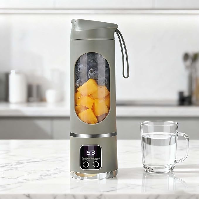 Portable Juicer USB Rechargeable 1500mah Battery 3 Speed Cooking Machine with Display 450ML Electric Juicer Easy Clean Design for Smoothies Ice Crushing Gym Fresh Fruit Juices (White)
