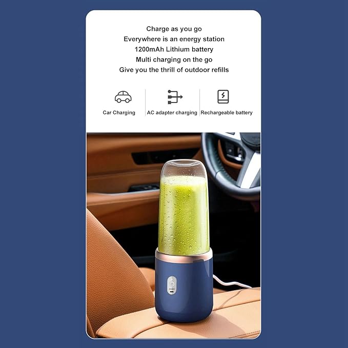 Cordless Portable Blender 6 Blades USB Charging Smoothie Maker with Bottle and Lid Easy to Carry Juicer Cup for Travel and Outdoor with High Rotations and Ice Crushing