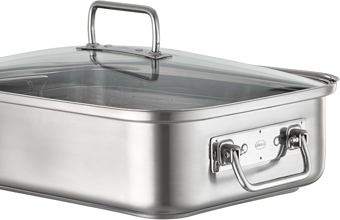 RÖSLE Expertiso Rectangular Roasting Dish with Glass Lid 18/10 Stainless Steel Oven-Safe Induction Safe Dishwasher Safe Silver 38 x 28 cm