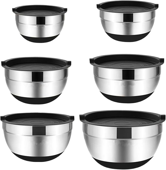 6 Pcs Mixing Bowls With Lids And Non Slip Bases Stainless Steel Set For Baking Nesting Storage