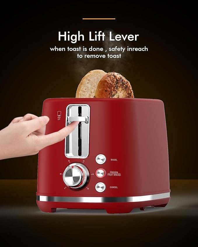 LONGDEEM LD-T7014D - 2 Slice Toaster - Extra Wide Slots 6 Browning Settings Removable Crumb Tray Red