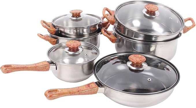 Pots Pans Set Woodgrain Model Stainless Steel Glass Ergonomic Handle Multifunctional Chic DesignSuitable for Soup Frying Boiling Noodles and other Cooking