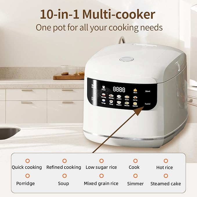 NUNET Electric Mini Rice Cooker 5 Cups Small Rice Cooker Portable 10-in-1 Smart Multi-Functional Cooker Time Control 400W for Soup Mixed Grain Rice Oatmeal Porridge w. Non-Stick Inner Pot (White)