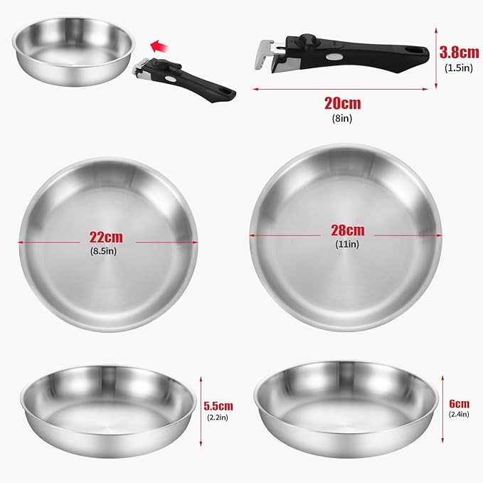 Inqibee Tri-Ply Stainless Steel Cookware Set with Removable Handle Detachable Handle 8.5-11 Inch Frying Pan Set Induction Kitchen Cooking Set for Home &amp RV Cooking Dishwasher and Oven Safe