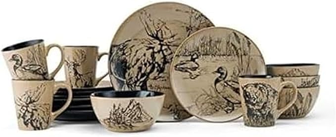 Mossy Oak Animal Print 16 Piece Dinnerware Set Service for 4 Black and Beige