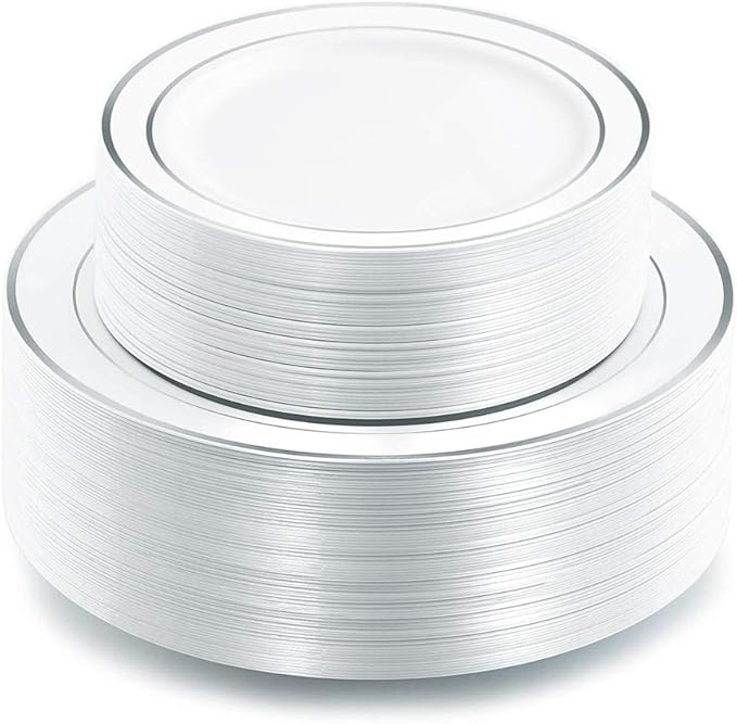 I00000 102pcs Silver Plastic Plates Disposable Plastic Party Plates with White Silver Rim Fancy Wedding Party Plates Include 51 Dinner Plates 10.25 and 51 Dessert Appetizer Plates 7.5