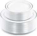 I00000 102pcs Silver Plastic Plates Disposable Plastic Party Plates with White Silver Rim Fancy Wedding Party Plates Include 51 Dinner Plates 10.25 and 51 Dessert Appetizer Plates 7.5