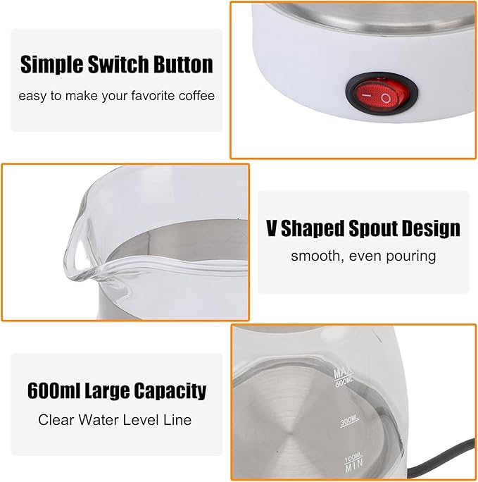 600ML Electric Turkish Coffee Maker 600W Electric Turkish Coffee Pot Glass Stainless Steel Coffee Tea Warmer Kettle Removable Anti Scald Handle for Home Heat Water Tea