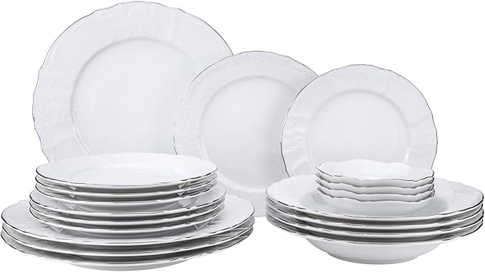 Euro Porcelain 20-pc Luxury Dinnerware Set w/Platinum Silver Ornament HQ Dining Tableware Service for 4 (Bernadette wht.)