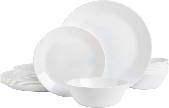 Gibson Home Ultra 18 Piece Break and Chip Resistant Dinnerware Plates and Bowls Set Round: Service for 6 Opal Glass White