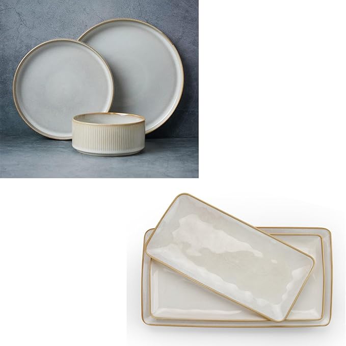 Famiware Star Plates and Bowls Sets + 3 Pcs Ocean Rectangular Serving Platter 15-Piece Dinnerware Sets for 4 Cappuccino White