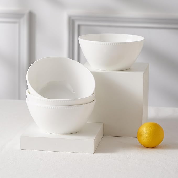 Silvanest16 Piece Bone China Dinnerware Set Embossed Plates Bowls Chip-Resistant Lightweight Elegant and Durable Service for 4 White