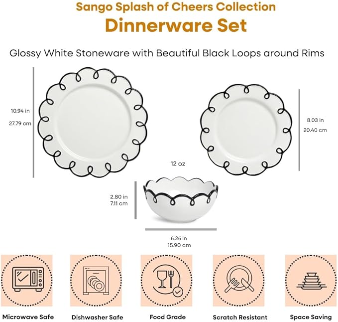 Sango 12-Piece Earthenware Dinnerware Set for 4 Glossy White Plates and Bowls Sets with Black Scalloped Rims Premium Dish Set Dishes for Hosting Parties Birthday &amp Wedding Gifts Splash of Che