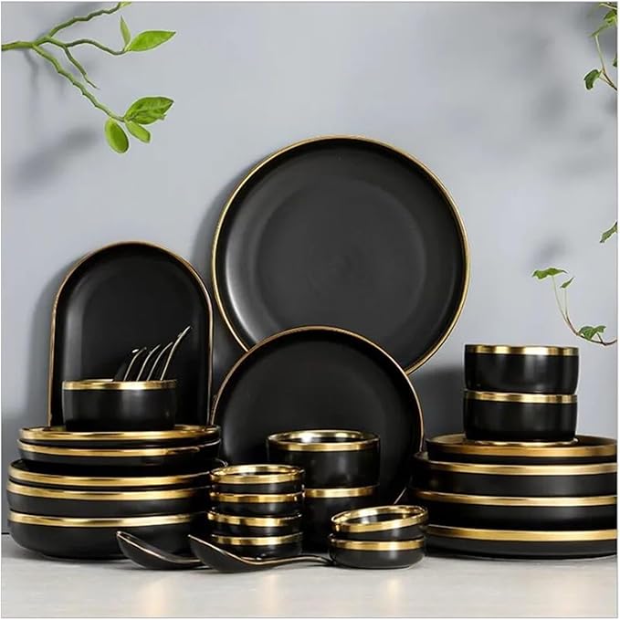 Black Porcelain Dinnerware Set Kitchen Dishes Ceramics Tableware Food Tray Rice Salad Noodles Bowl Cutlery Set (7.5 Inch Plate 1pcs)