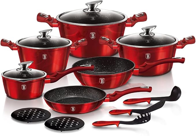 Berlinger Haus Kitchen Cookware Set 3-Layer Marble Coating with Ergonomic Soft - Touch Handle Turbo Induction Based Elegant Design &amp Eco Friendly PFOA Lead Cadmium Free | 15-Piece Burgundy Color