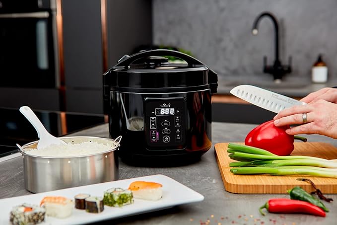 Yum Asia Kumo YumCarb Rice Cooker with Ceramic Bowl and Advanced Fuzzy Logic (5.5 Cups 1 Litre) 5 Rice Cooking Functions 3 Multicooker Functions 110V US Power (Dark Stainless Steel)