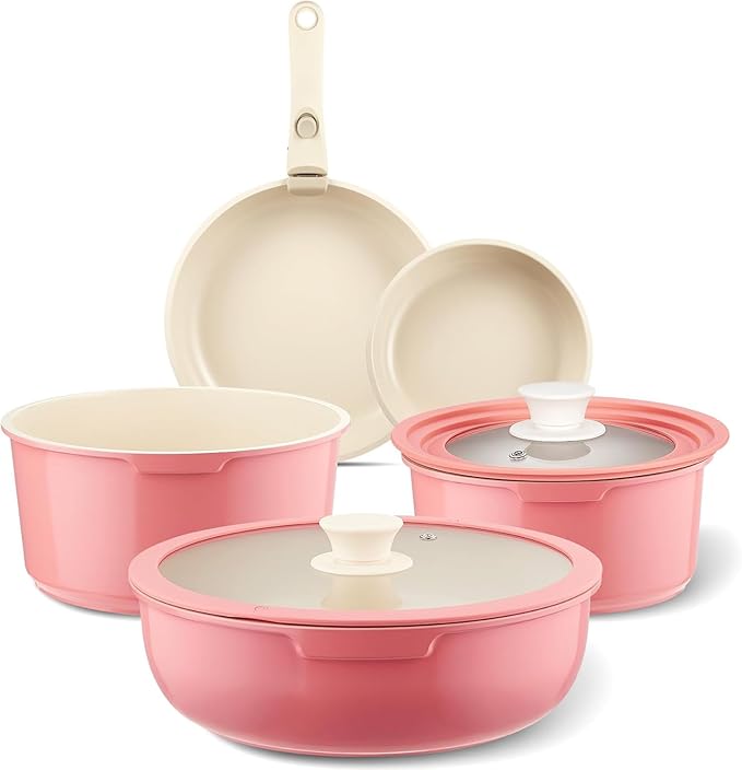 IKTU Ceramic Pots and Pans Set Non Stick Pink 8 Pcs Nonstick Cookware Set with Detachable Handle RV Camping Induction Kitchen Cookware Set Non Stick PFAS PFOA &amp PTFE Free