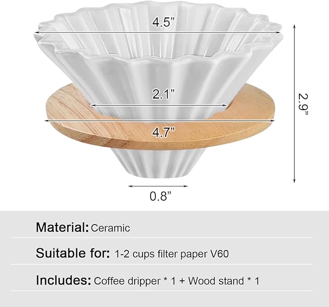 Ceramic Coffee Dripper with Wood Cup Stand Pour Over Coffee Maker Elegant Flower-shape V60 Strainer for 1-2 Cups Slow Brewing Accessories for Home Coffee Shops Restaurants White
